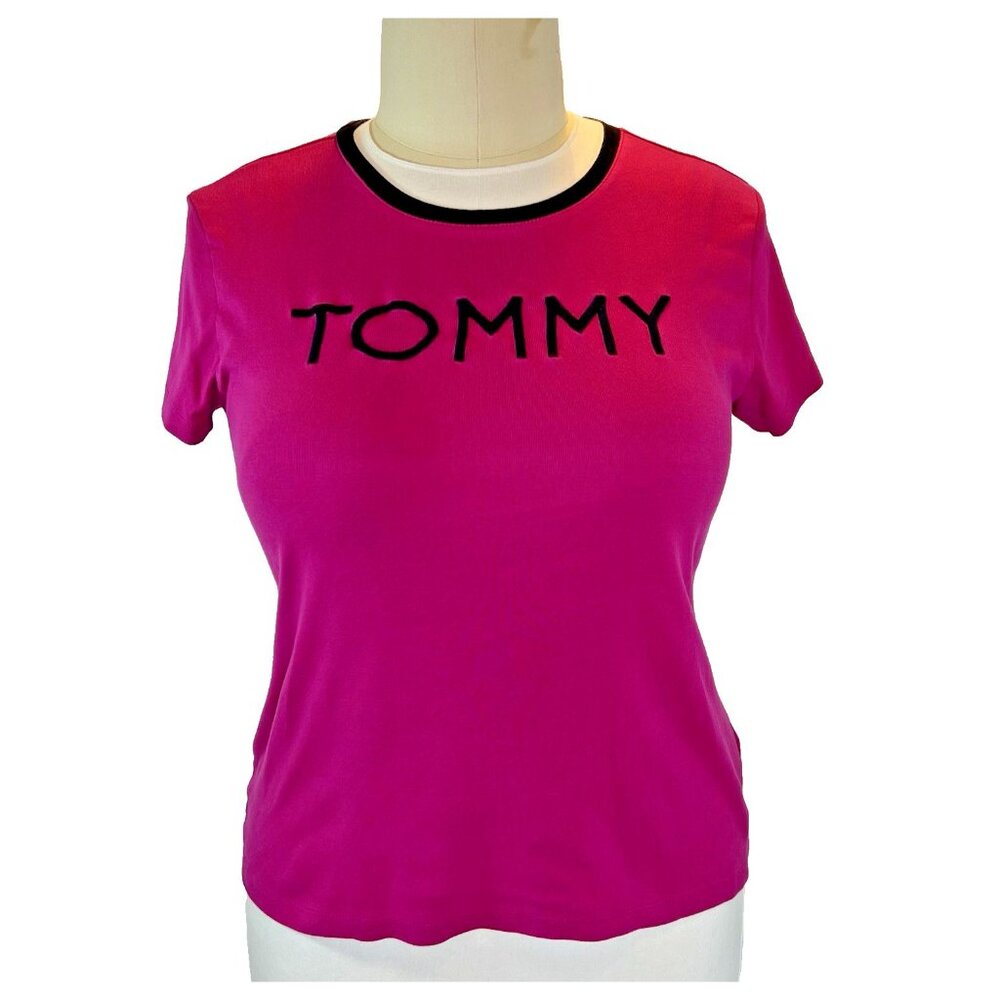 Tommy Hilfiger - Women's XXL Tommy Logo Ringer Tee Dark Pink and Black Trim
